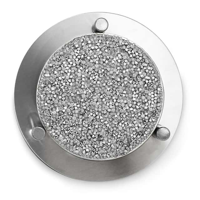 Set of four round stainless steel coasters with a rhinestone-studded surface and a foam backing displayed in a metal holder. Set of four round stainless steel coasters with a rhinestone-studded surface and a foam backing displayed in a metal holder.