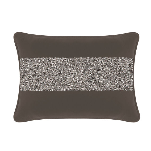 Charcoal velvet pillow with a rhinestone stripe rectangular shape smooth texture and contrasting edges.