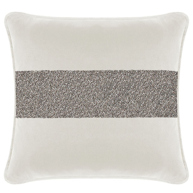 White velvet pillow with a charcoal rhinestone stripe square shape and piped edges.
