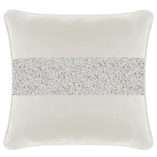 White velvet pillow with a silver rhinestone stripe square shape featuring a piped edge and soft texture.