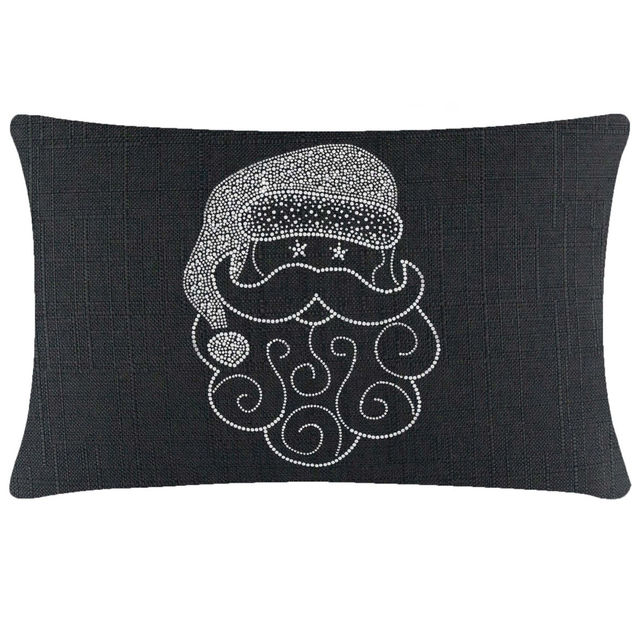 Red square pillow featuring a Santa face design embellished with white rhinestones and swirled beard details.