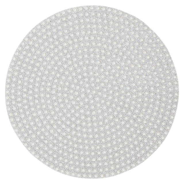 Round placemat featuring a pearl-like texture with sparkling rhinestones set against a soft gray background felt backing.