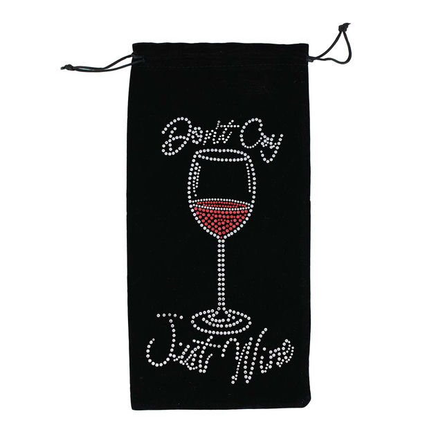Black velvet wine bag with rhinestone embellishments featuring a wine glass and red wine design secured with a drawstring. Black velvet wine bag with rhinestone embellishments featuring a wine glass and red wine design secured with a drawstring.