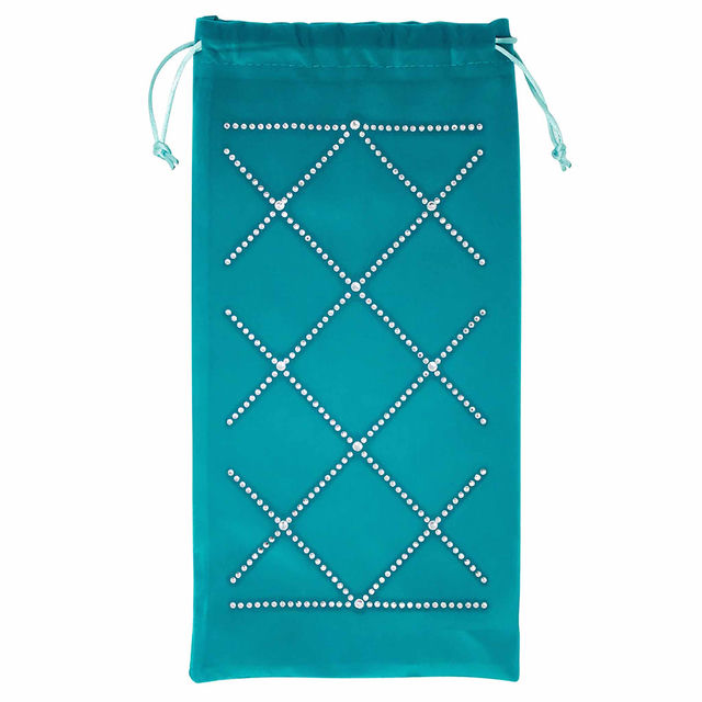 Teal velvet wine bag with rhinestone embellishments in a crisscross pattern and a drawstring closure at the top. Teal velvet wine bag with rhinestone embellishments in a crisscross pattern and a drawstring closure at the top.