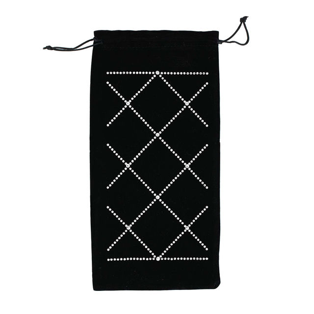 Teal velvet wine bag with rhinestone embellishments in a crisscross pattern and a drawstring closure at the top.