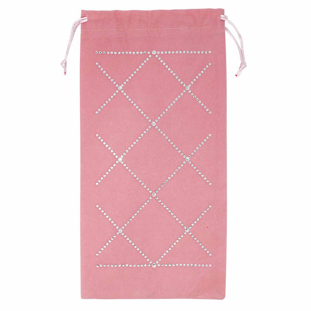 Teal velvet wine bag with rhinestone embellishments in a crisscross pattern and a drawstring closure at the top.