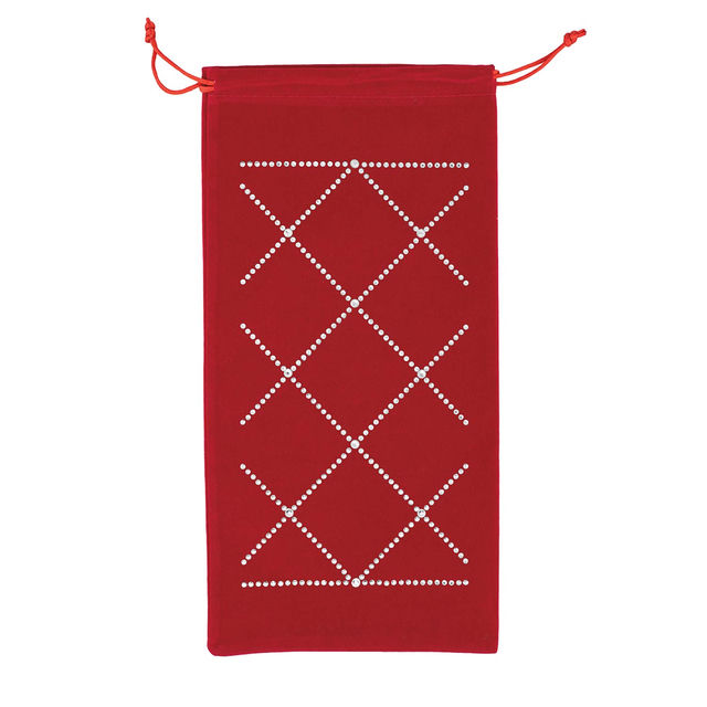 Teal velvet wine bag with rhinestone embellishments in a crisscross pattern and a drawstring closure at the top.