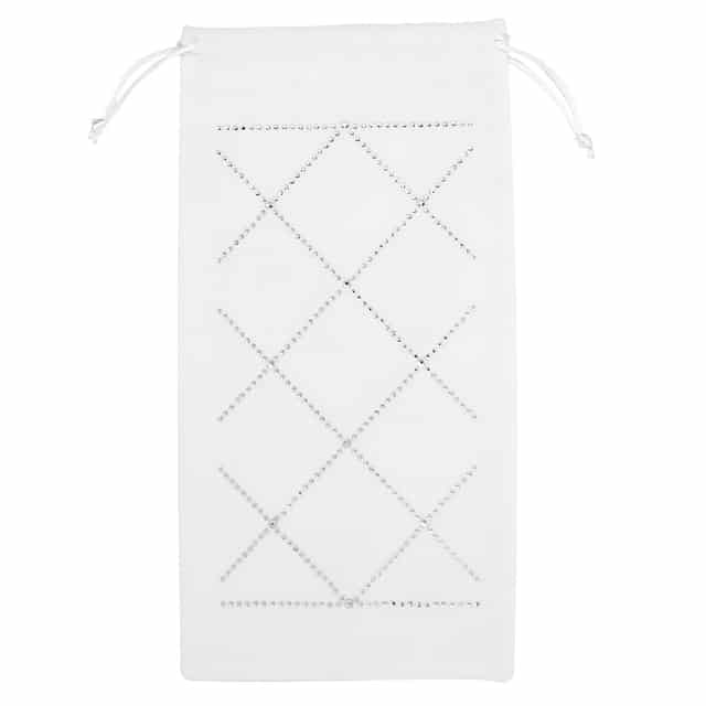 Teal velvet wine bag with rhinestone embellishments in a crisscross pattern and a drawstring closure at the top. Teal velvet wine bag with rhinestone embellishments in a crisscross pattern and a drawstring closure at the top.