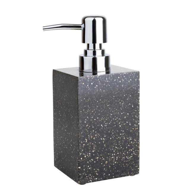 Square black resin soap dispenser with a textured surface and a shiny chrome pump top.