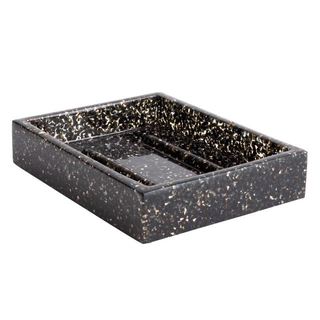 Rectangular&#x20;black&#x20;soap&#x20;dish&#x20;with&#x20;a&#x20;textured&#x20;surface&#x20;featuring&#x20;gold&#x20;and&#x20;silver&#x20;flecks&#x20;throughout&#x20;smooth&#x20;edges&#x20;and&#x20;a&#x20;glossy&#x20;finish.