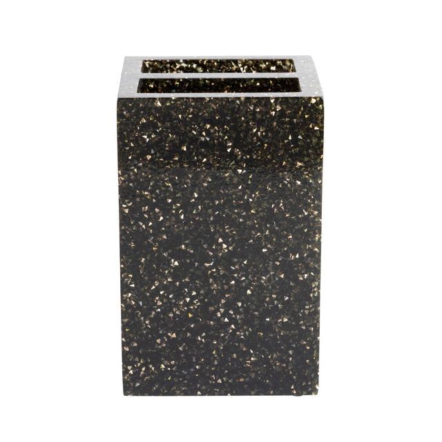 Charcoal rectangular toothbrush holder with a textured surface featuring rhinestone embellishments and two slots on top.