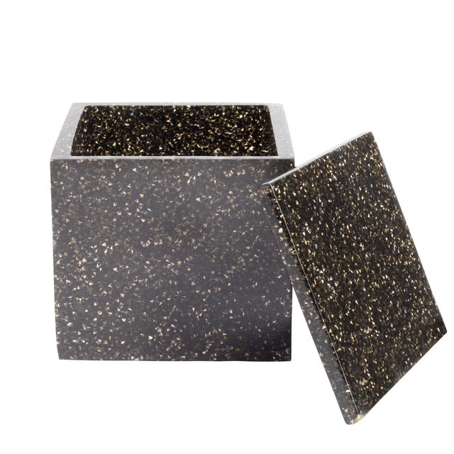 Charcoal square cotton ball holder with a textured surface and sparkling rhinestone embellishments featuring a removable lid.