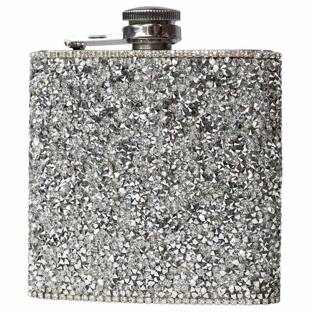 Sparkly silver flask covered in resin rhinestones stainless steel body compact rectangular shape and screw-top lid.