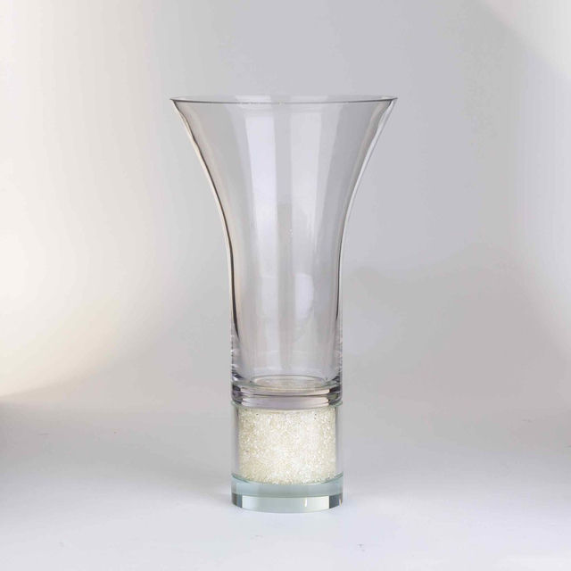 Clear crystal vase with a flared top and a silver glitter base smooth texture elegant shape.