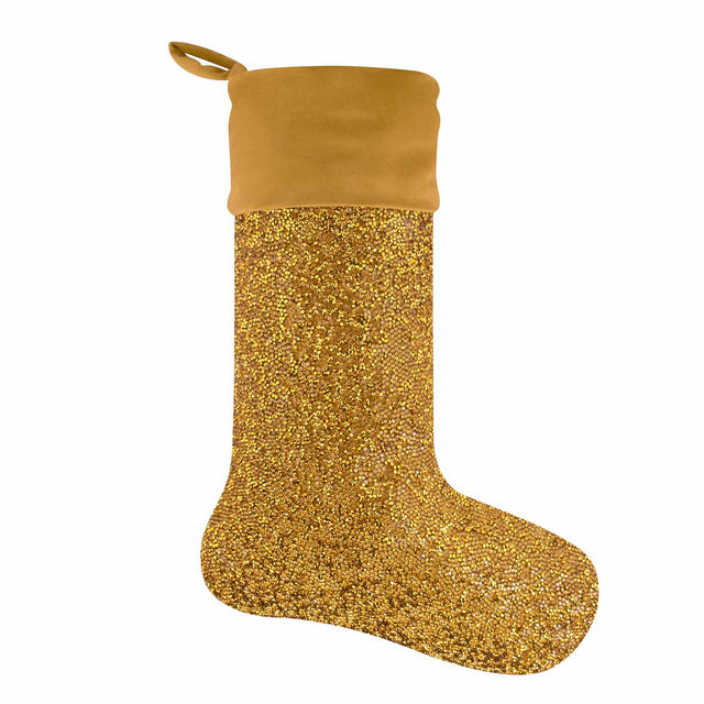 Red glitter stocking with a plush gray velvet cuff and a hanging loop at the top.