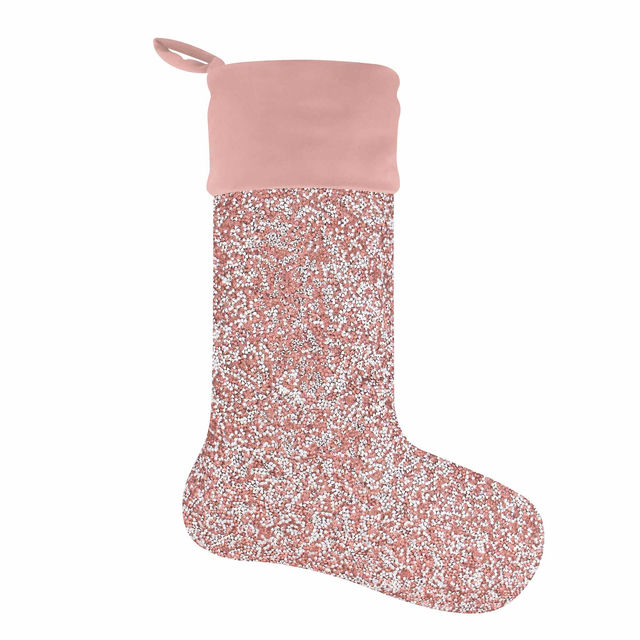 Red glitter stocking with a plush gray velvet cuff and a hanging loop at the top.
