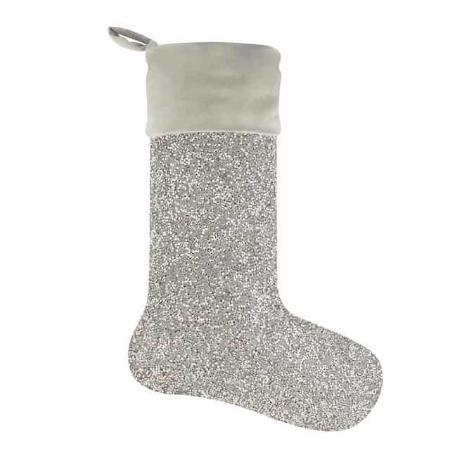 Red glitter stocking with a plush gray velvet cuff and a hanging loop at the top.