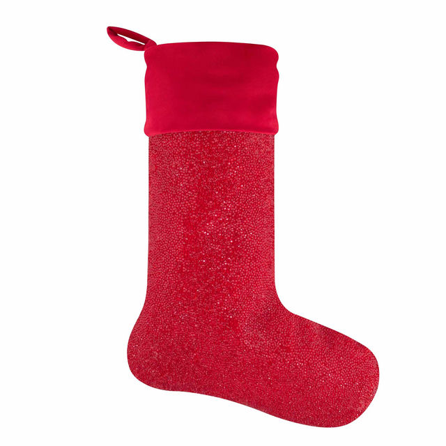 Red glitter stocking with a plush gray velvet cuff and a hanging loop at the top.
