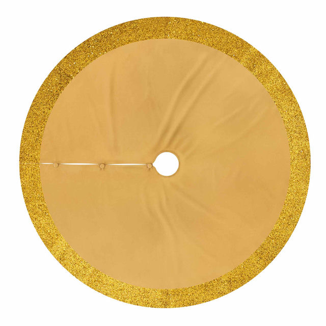 Gold velvet tree skirt with a ruffled edge adorned with resin rhinestones and a classic button closure measures 48"x48".