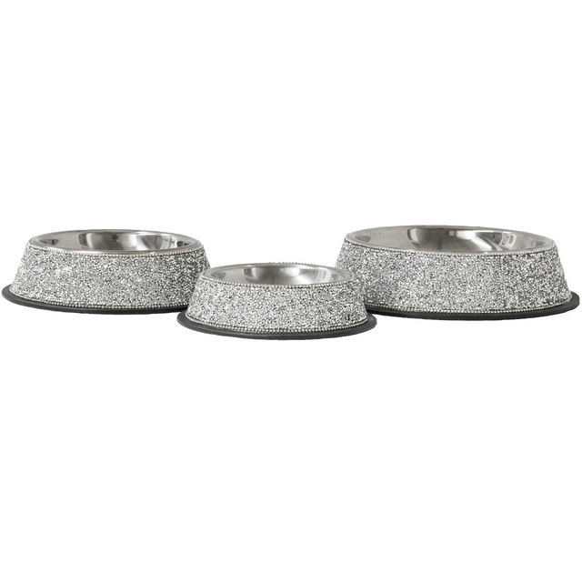 Three stainless steel pet bowls with silver rhinestone embellishments featuring a textured surface and black rubber base.