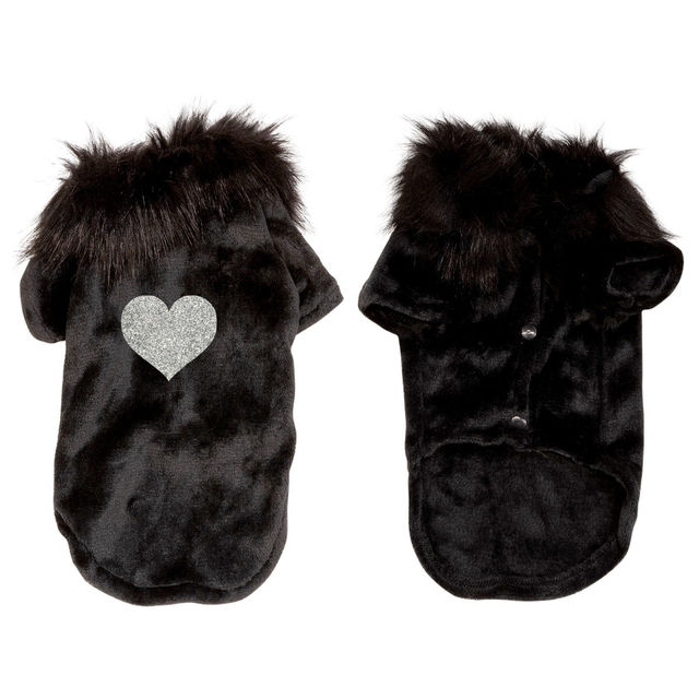 Red velvet pet cardigan with a faux fur collar and silver rhinestone paw print embellishment featuring snap closure. Red velvet pet cardigan with a faux fur collar and silver rhinestone paw print embellishment featuring snap closure.