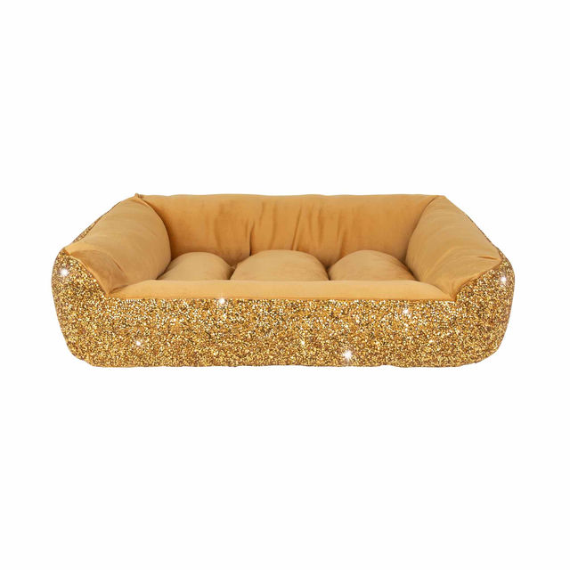 Square pet bed with a plush gold  velvet interior and a sparkling silver rhinestone exterior featuring a cushioned design.
