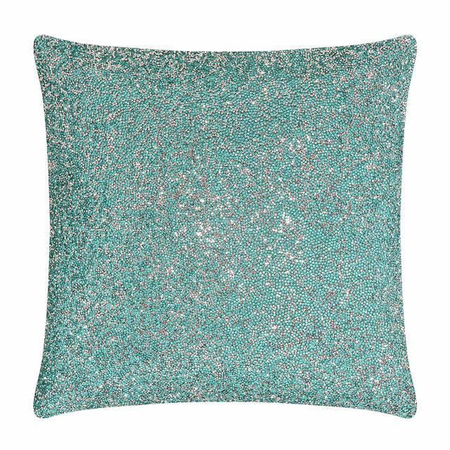 Square pillow with a glitter velvet front adorned with rhinestones and a soft textured back.