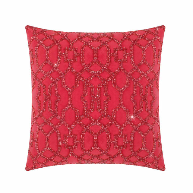 Pink velvet pillow with laser-cut rhinestones in a geometric lattice pattern featuring a plush texture and smooth finish.