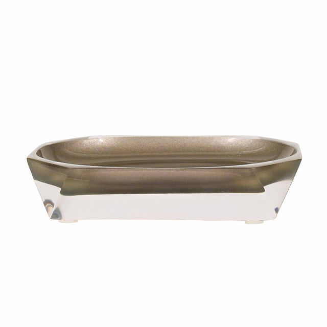 Faceted soap dish with a pink interior clear edges and a glittery silver base made of durable resin with a diamond-like shine.