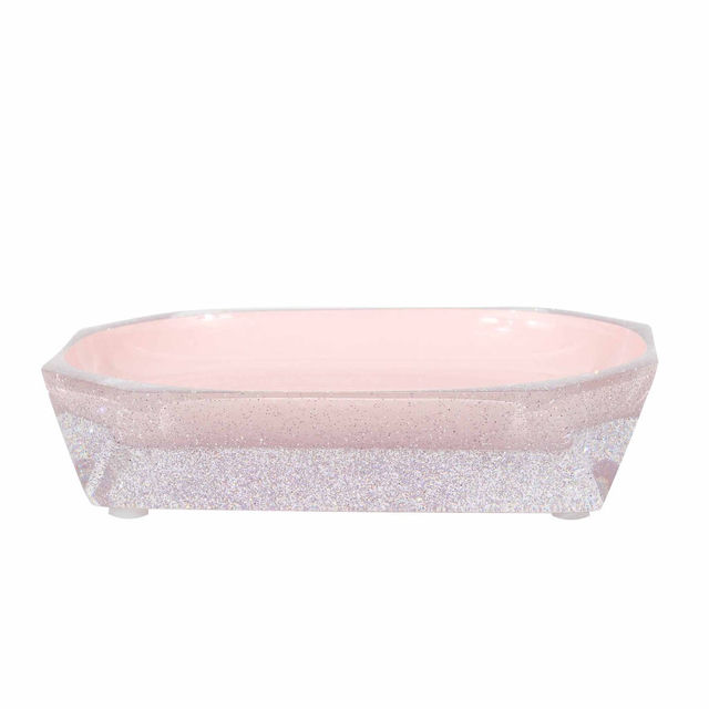 Faceted soap dish with a pink interior clear edges and a glittery silver base made of durable resin with a diamond-like shine.