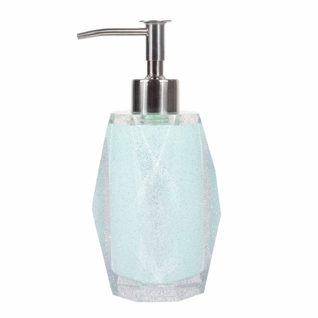 Faceted aqua resin lotion pump with a diamond-like finish and stainless steel dispenser featuring a glittery texture.