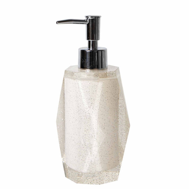 Faceted aqua resin lotion pump with a diamond-like finish and stainless steel dispenser featuring a glittery texture. Faceted aqua resin lotion pump with a diamond-like finish and stainless steel dispenser featuring a glittery texture.