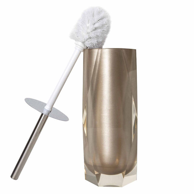 Faceted resin toilet brush holder in metallic silver with a diamond-like texture and a stainless steel handle.