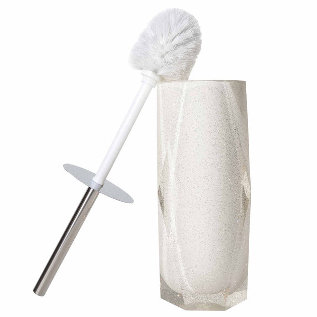 Faceted resin toilet brush holder in metallic silver with a diamond-like texture and a stainless steel handle.