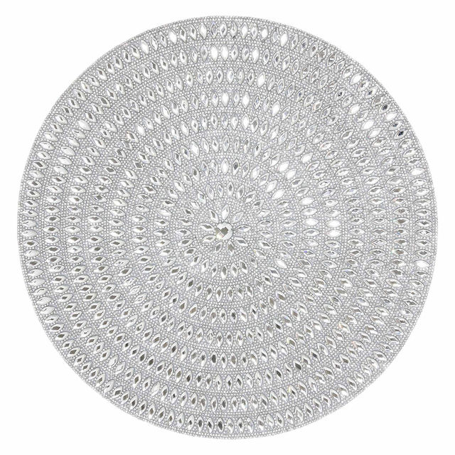 Round silver placemat with rhinestone embellishments featuring a floral pattern and a felt-lined back for durability.