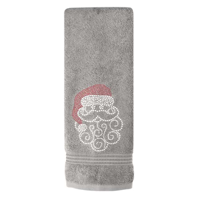 Black cotton hand towel featuring a sparkling Santa motif with red hat and rhinestone embellishments.