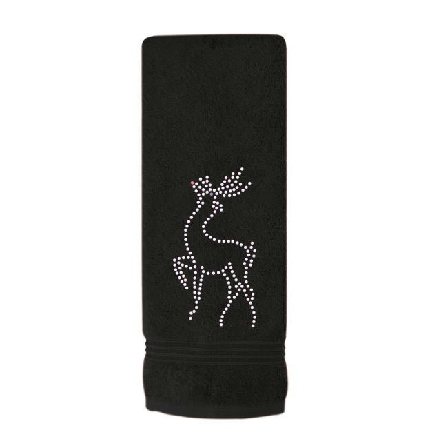 Red cotton hand towel featuring a rhinestone-embellished reindeer design and a textured border at the bottom.
