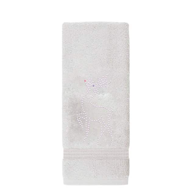 Red cotton hand towel featuring a rhinestone-embellished reindeer design and a textured border at the bottom. Red cotton hand towel featuring a rhinestone-embellished reindeer design and a textured border at the bottom.