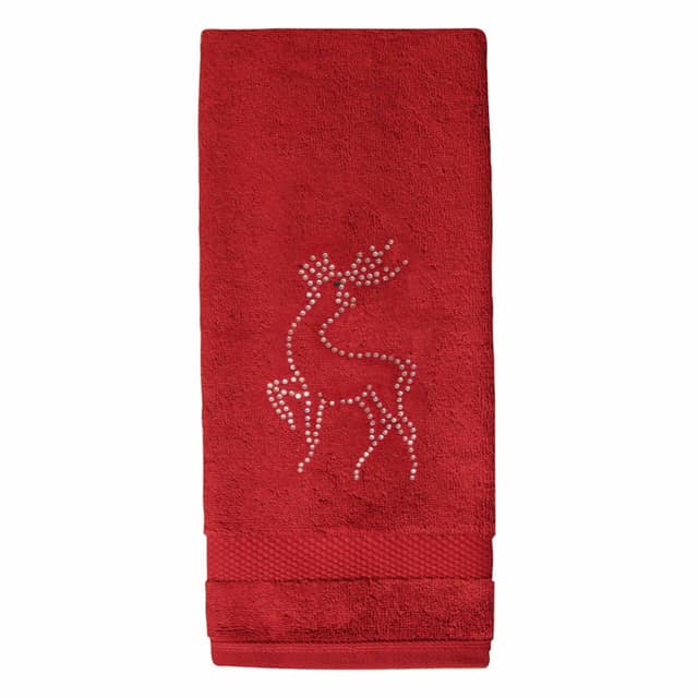Red cotton hand towel featuring a rhinestone-embellished reindeer design and a textured border at the bottom. Red cotton hand towel featuring a rhinestone-embellished reindeer design and a textured border at the bottom.