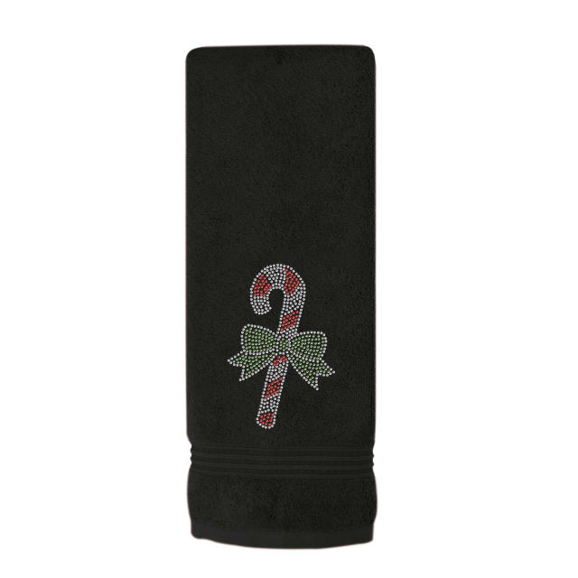 Red cotton hand towel featuring a rhinestone candy cane motif with a bow textured surface measures 30"x16". Red cotton hand towel featuring a rhinestone candy cane motif with a bow textured surface measures 30"x16".