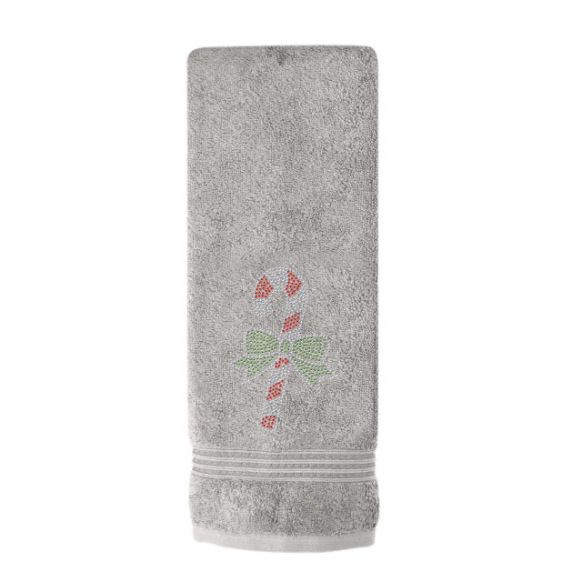 Red cotton hand towel featuring a rhinestone candy cane motif with a bow textured surface measures 30"x16".