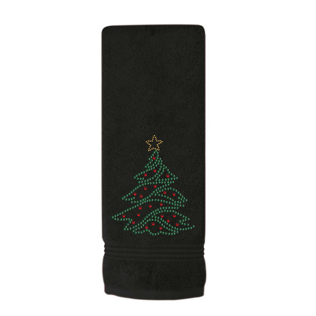 White terry cotton hand towel featuring a green rhinestone Christmas tree design with red ornaments and a gold star on top.