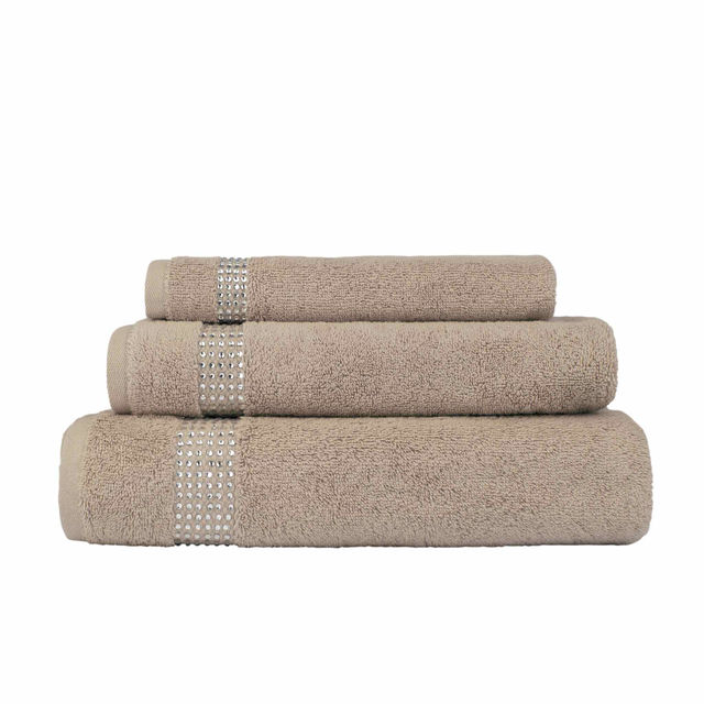 Three stacked towels in black and white featuring rhinestone embellishments on the stripes made of cotton with a plush texture.