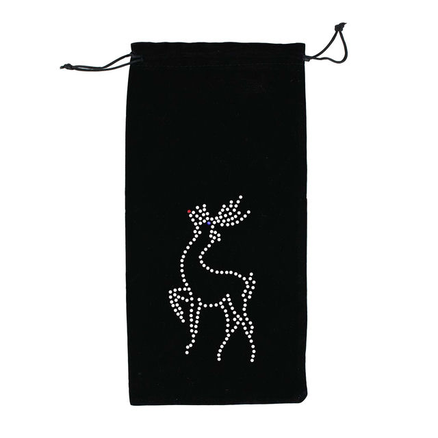 Red plush velvet wine bag with a rhinestone reindeer design and an orange drawstring closure. Red plush velvet wine bag with a rhinestone reindeer design and an orange drawstring closure.