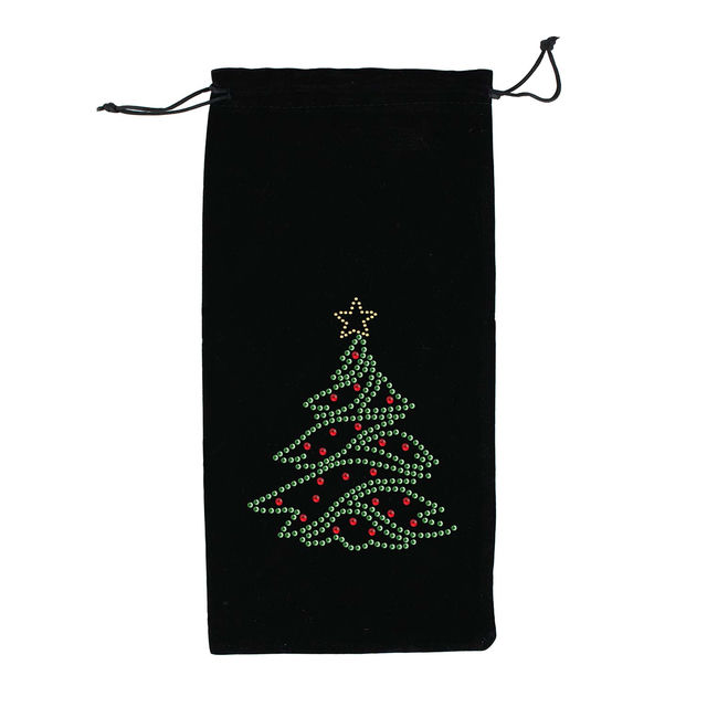 Red velvet wine bag with a rhinestone Christmas tree design and an orange drawstring closure.