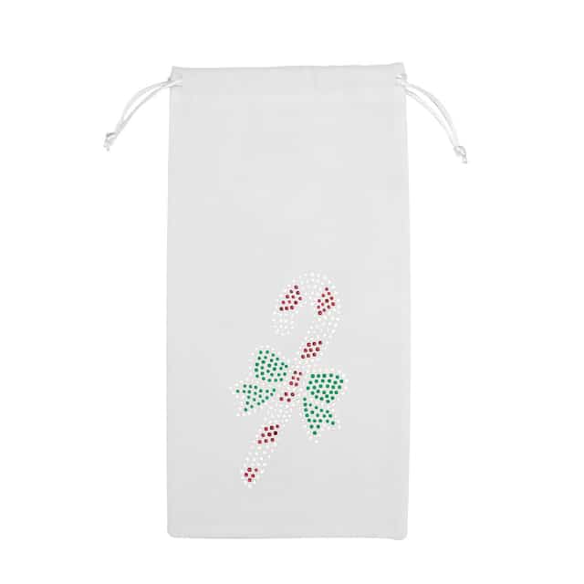 Red velvet wine bag featuring a rhinestone candy cane design with a green bow and drawstring closure.