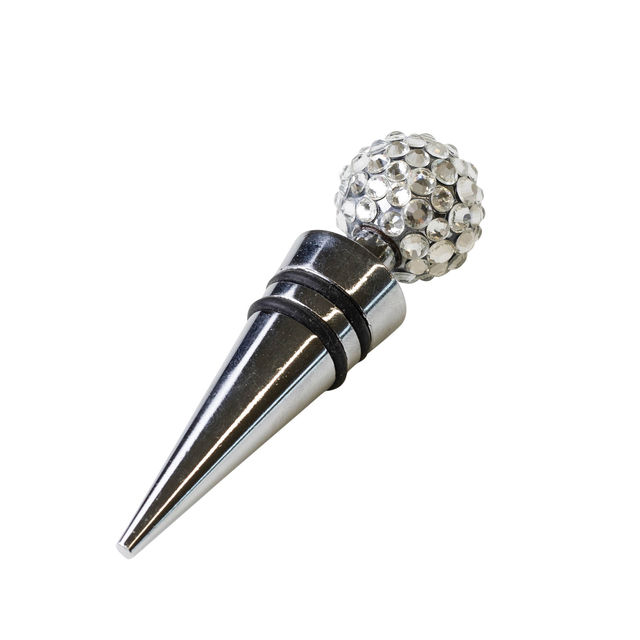 Silver&#x20;stainless&#x20;steel&#x20;wine&#x20;stopper&#x20;with&#x20;a&#x20;rhinestone-covered&#x20;round&#x20;top&#x20;and&#x20;two&#x20;black&#x20;rubber&#x20;rings&#x20;near&#x20;the&#x20;base.