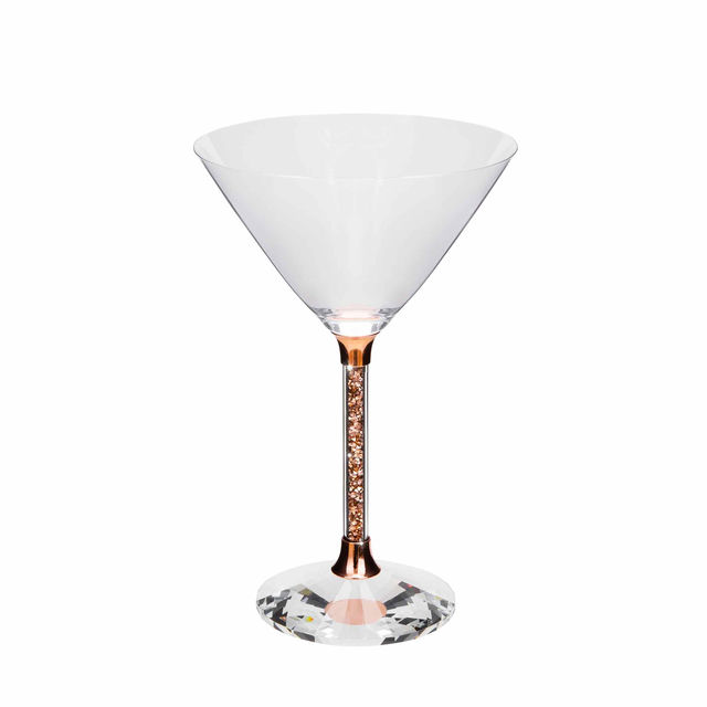 Clear crystal martini glass with a wide conical bowl a faceted base and a stem featuring embedded rhinestones.