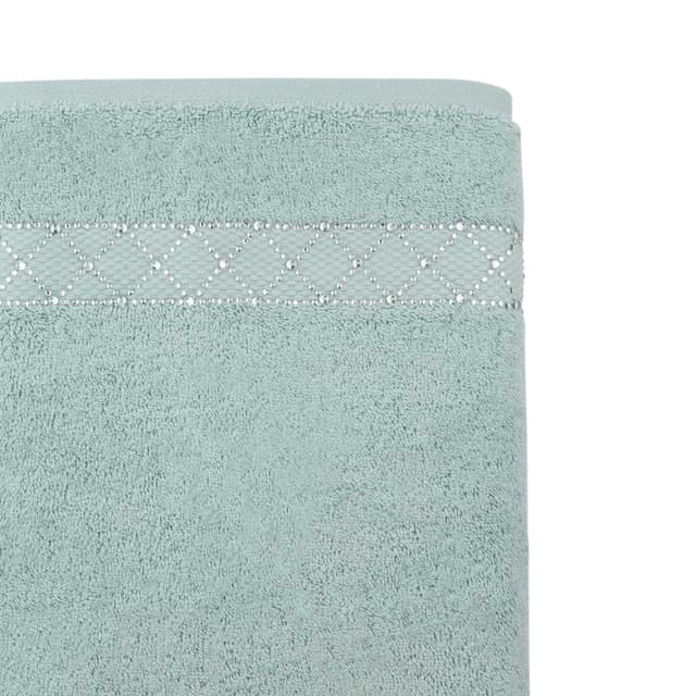 Gray Atlas bath towel with a geometric glass rhinestone border and textured Turkish cotton surface