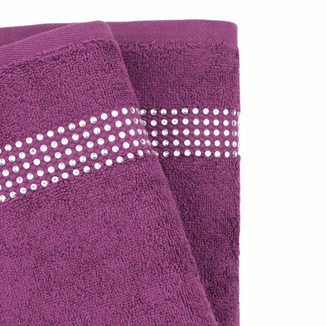 Set of two hand towels in black and white terry cotton with rhinestone border embellishments.